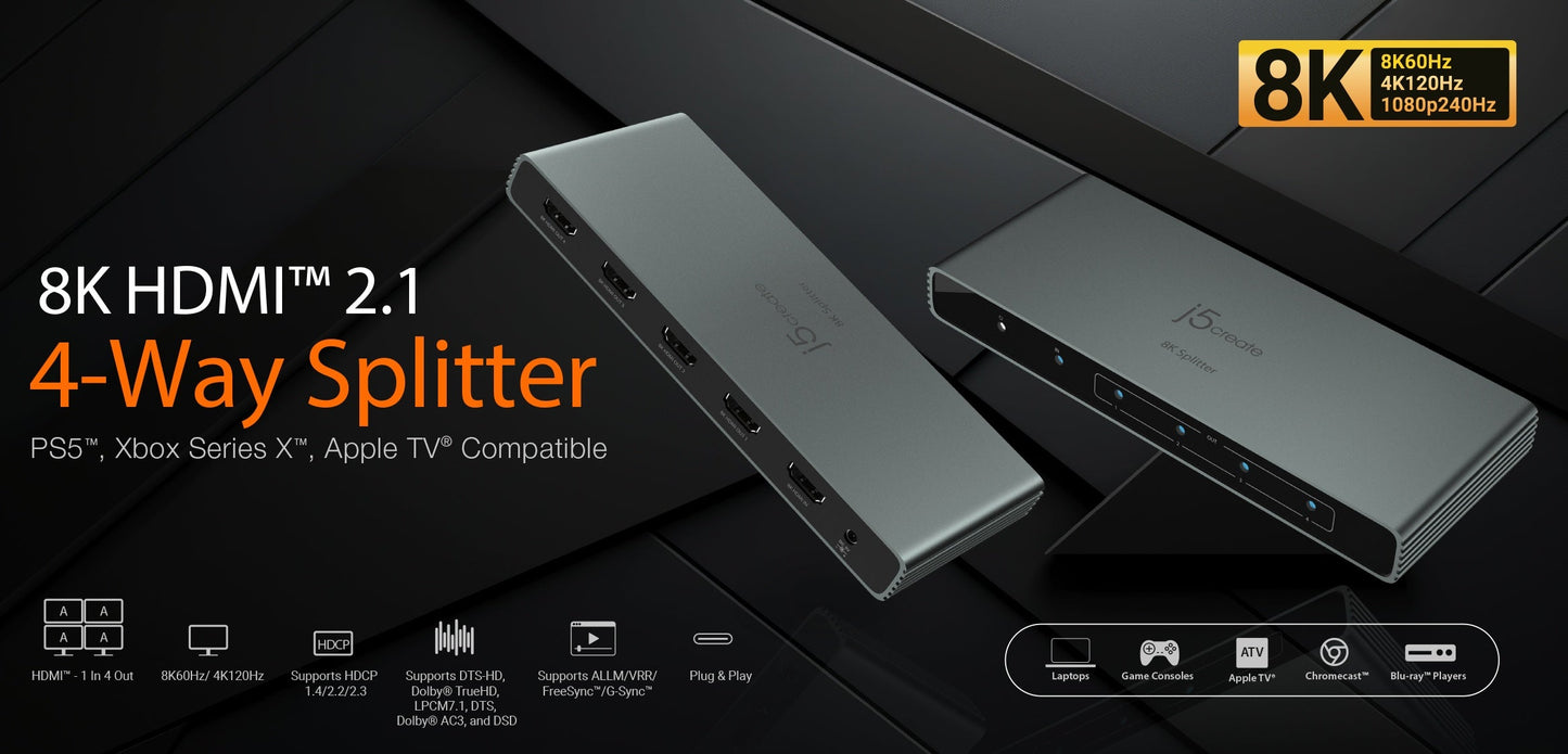 J5create 8K HDMI 2.1 4-Way Splitter - JDSH814