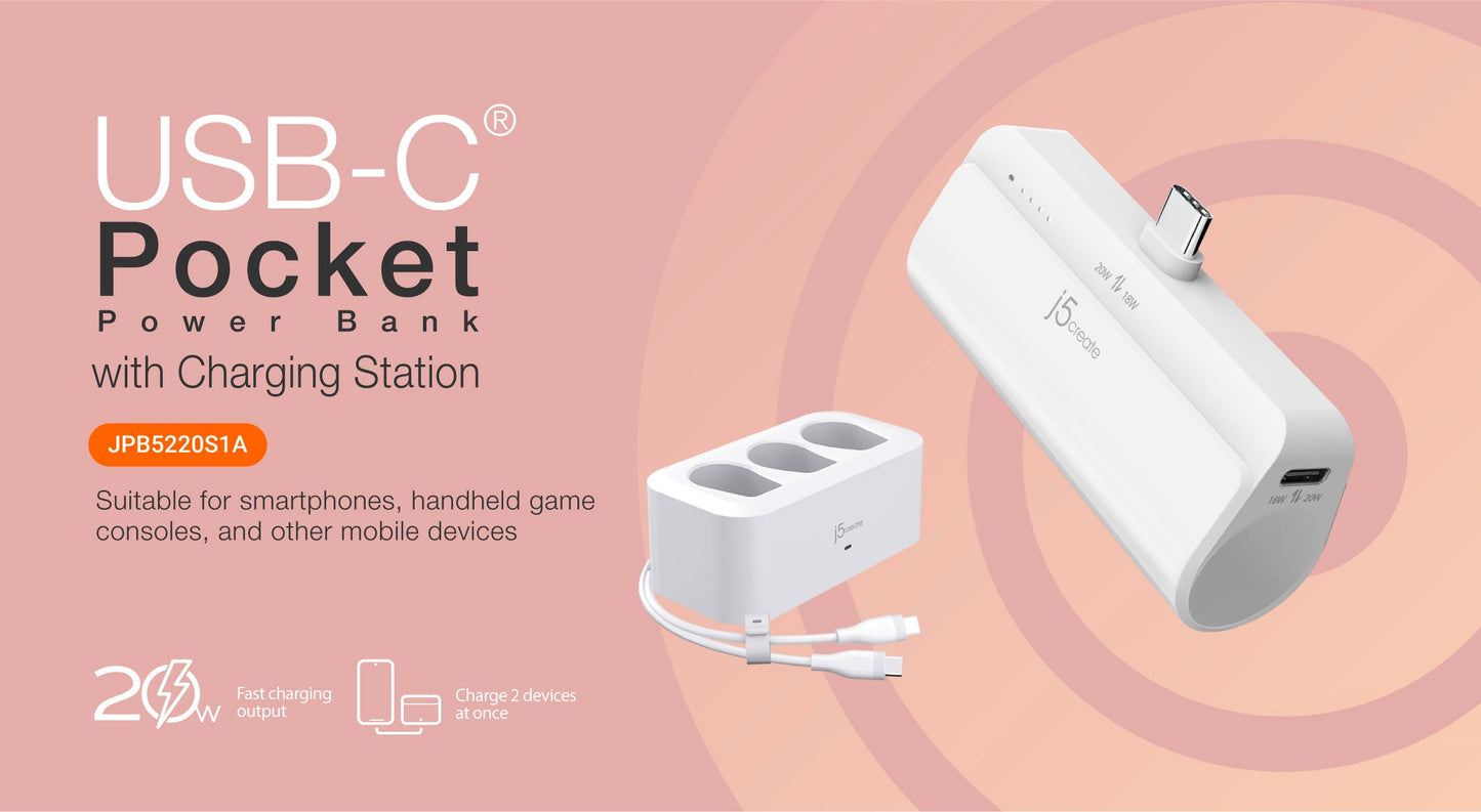 J5create USB-C Pocket Power Bank with Charging Station - JPB5220S1A