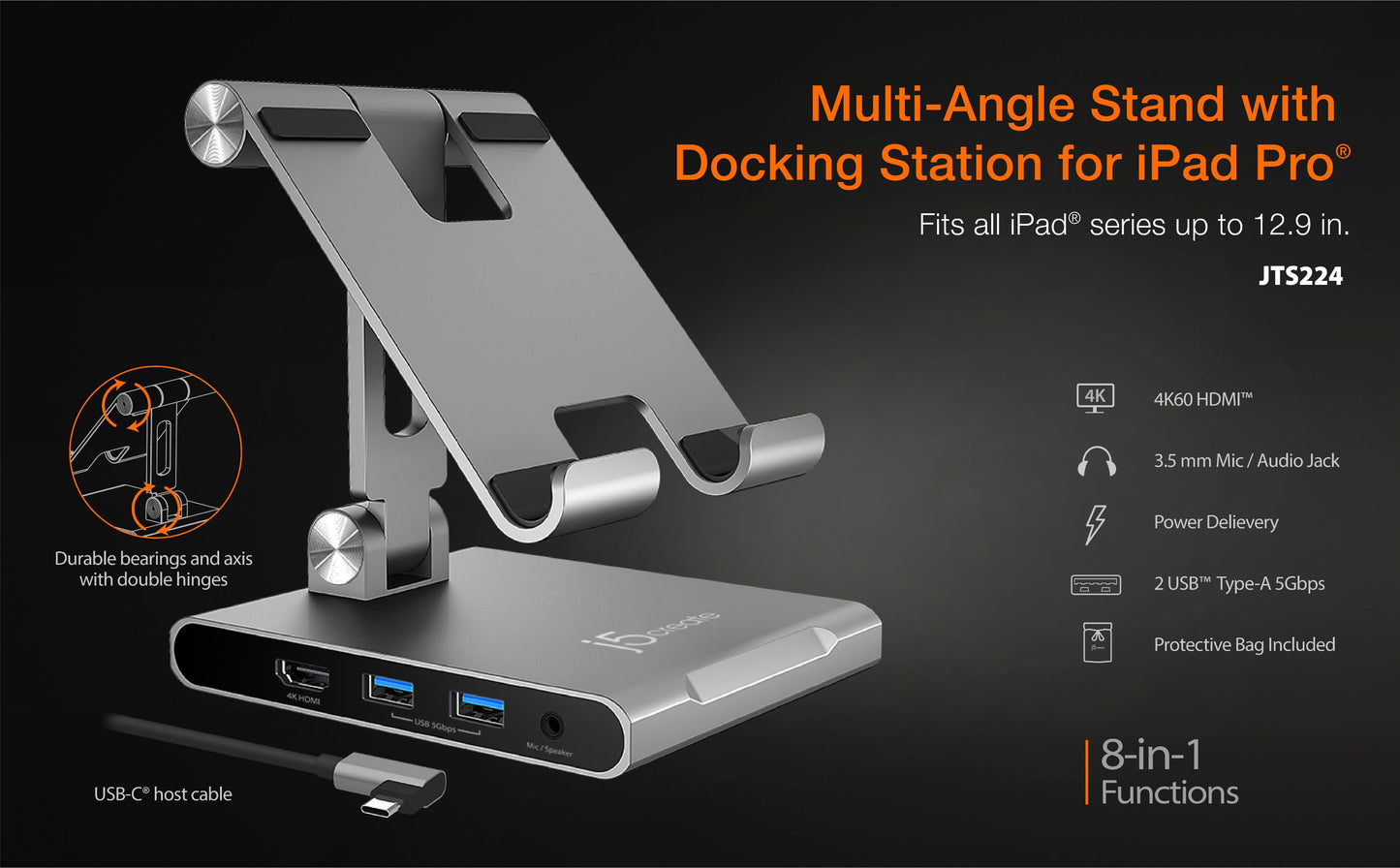 J5create Multi-Angle Stand with Docking Station for iPad Pro - JTS224