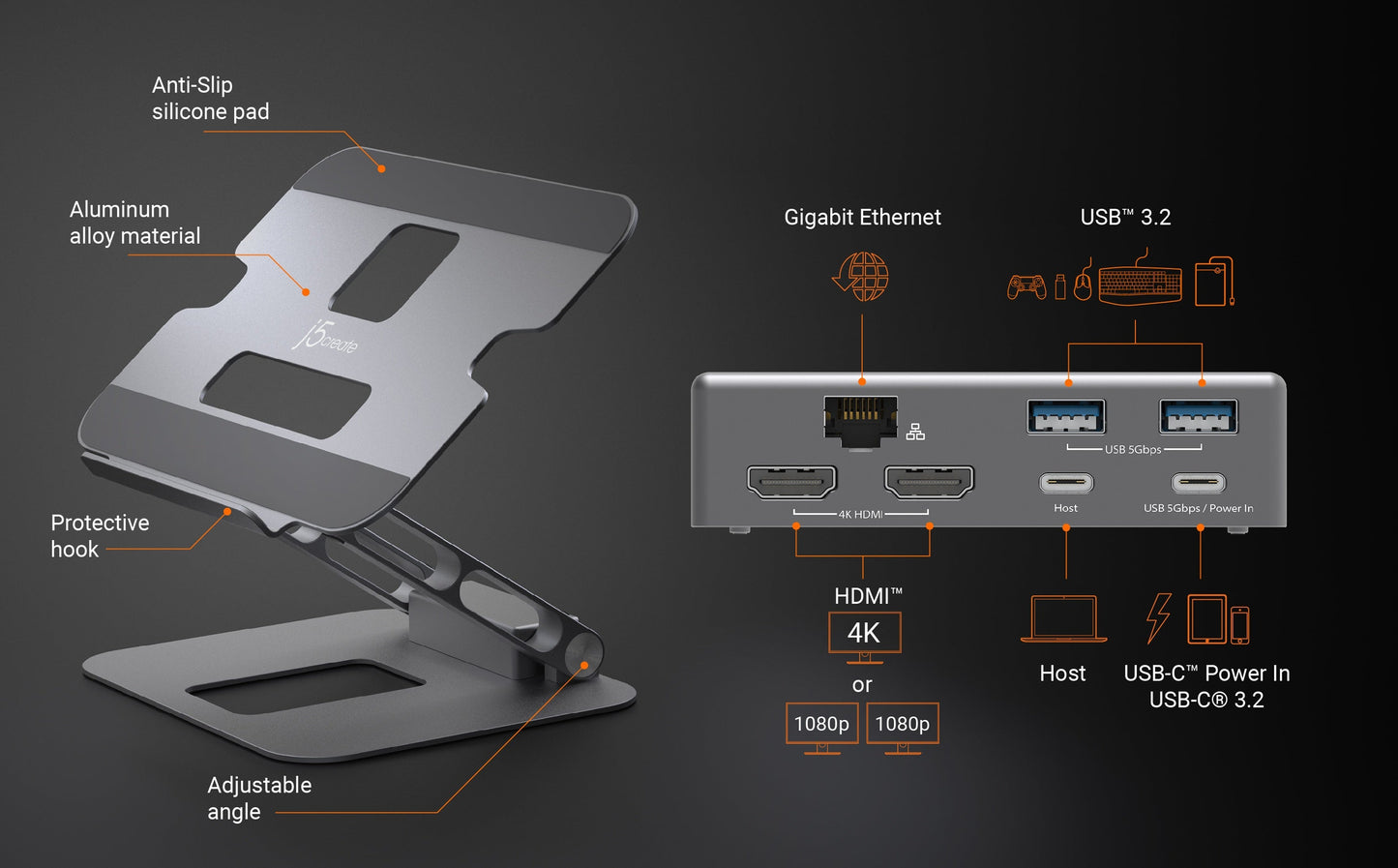 J5create Multi-Angle Dual HDMI Docking Stand - JTS427