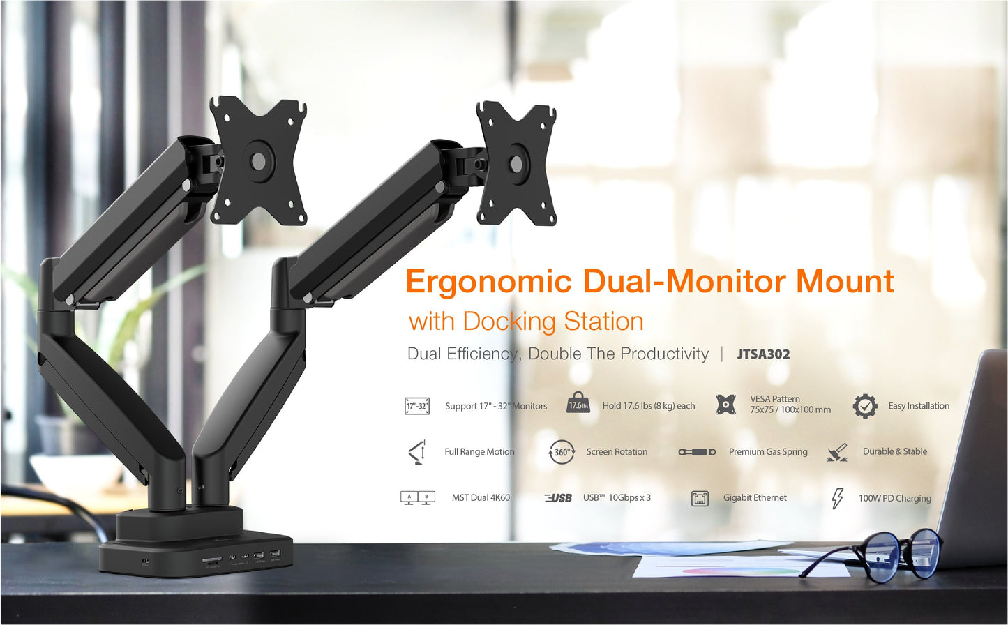 J5create Ergonomic Dual-Monitor Mount with Docking Station - JTSA302