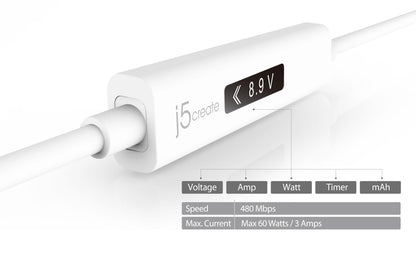 J5create USB-C Dynamic Power Meter Charging Cable - JUCP13