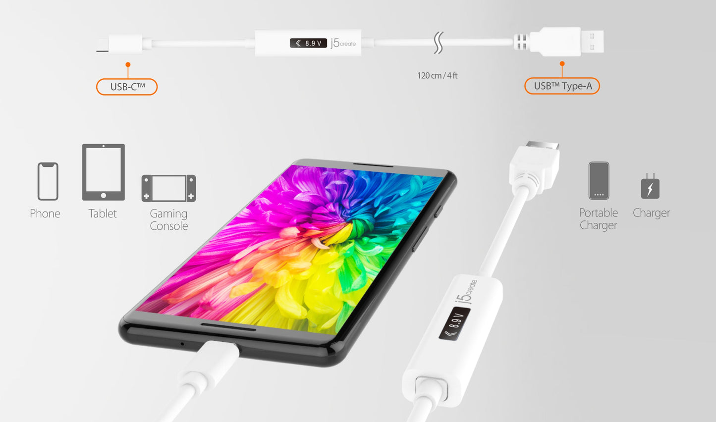J5create USB-C Dynamic Power Meter Charging Cable - JUCP13