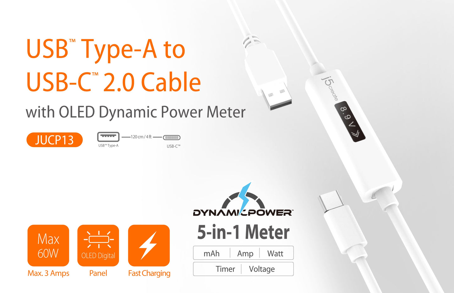 J5create USB-C Dynamic Power Meter Charging Cable - JUCP13