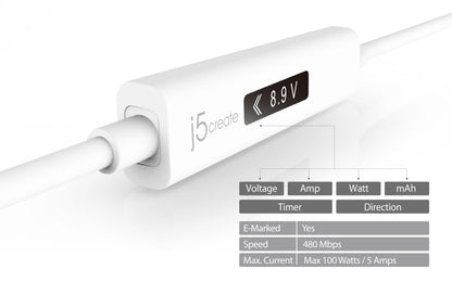 J5create USB-C Dynamic Power Meter Charging Cable - JUCP14