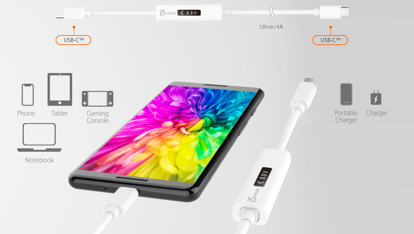 J5create USB-C Dynamic Power Meter Charging Cable - JUCP14