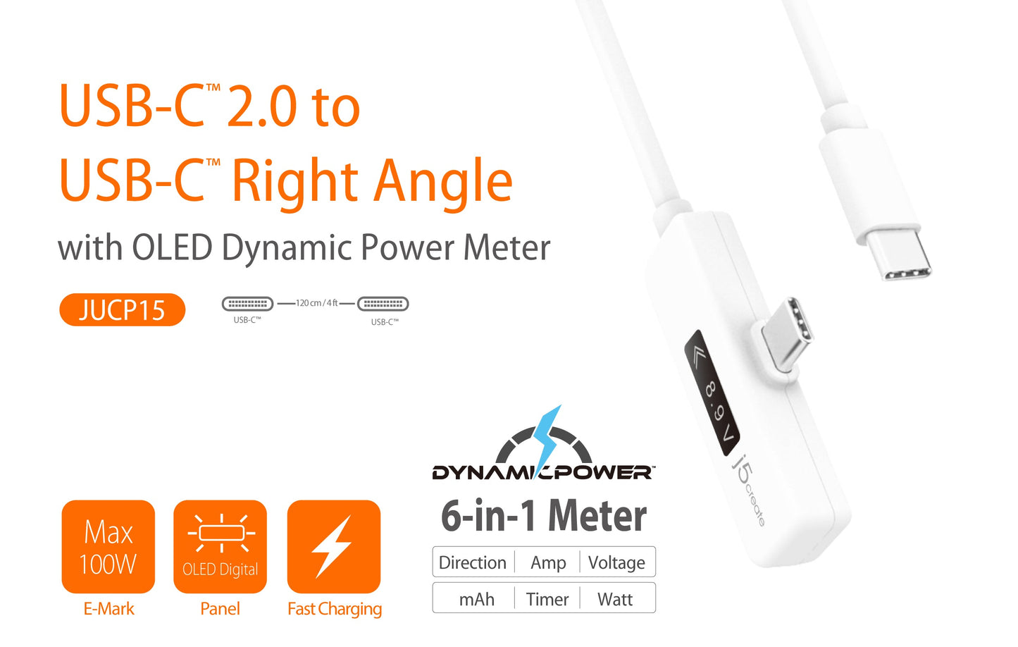 J5create USB-C Dynamic Power Meter Charging Cable - JUCP15