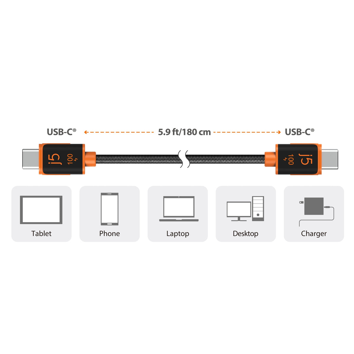 J5create USB-C 100W Sync & Charge Cable - JUCX25L18