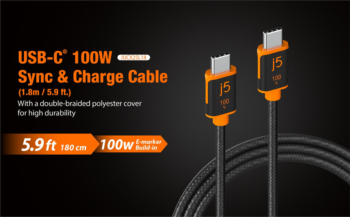 J5create USB-C 100W Sync & Charge Cable - JUCX25L18