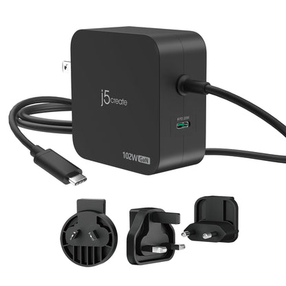 J5create 102W GaN PD USB-C 2-Port Charger with Changeable Plugs - JUP25102V