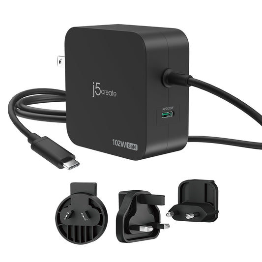 J5create 102W GaN PD USB-C 2-Port Charger with Changeable Plugs - JUP25102V
