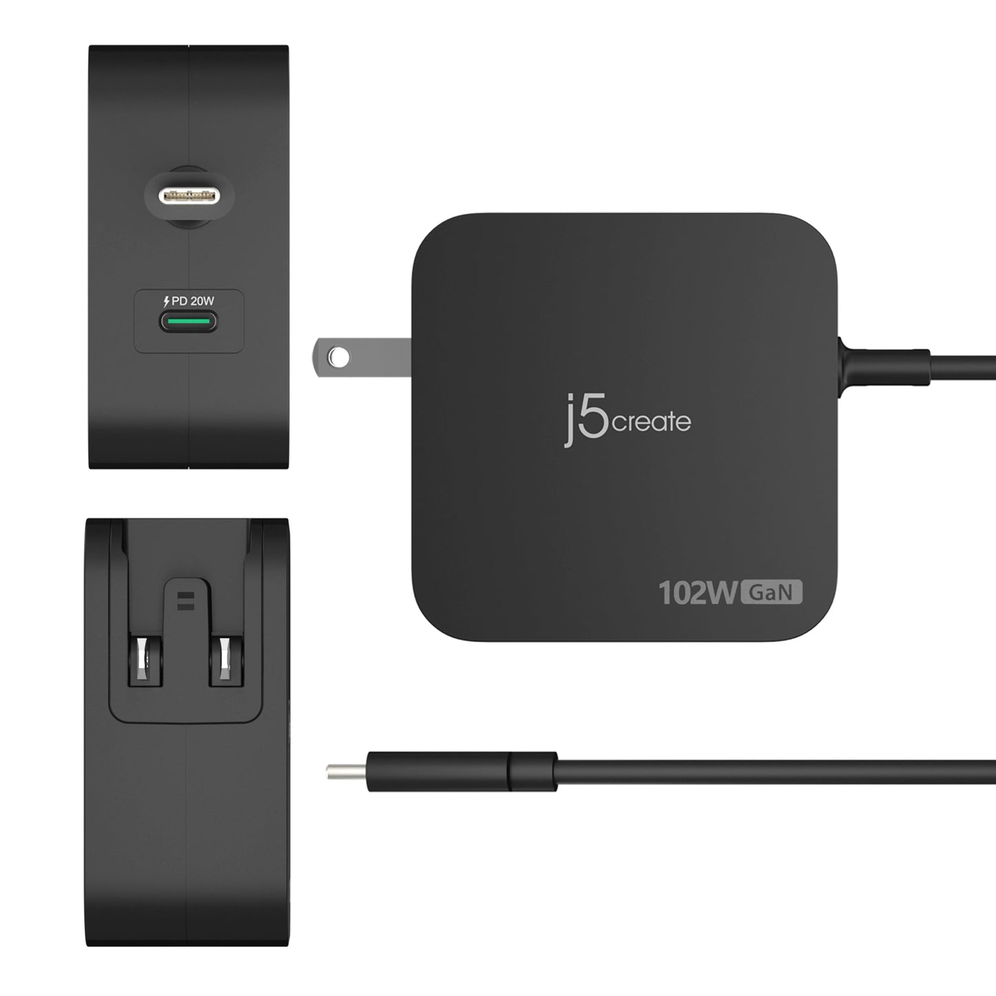 J5create 102W GaN PD USB-C 2-Port Charger with Changeable Plugs - JUP25102V