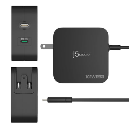 J5create 102W GaN PD USB-C 2-Port Charger with Changeable Plugs - JUP25102V