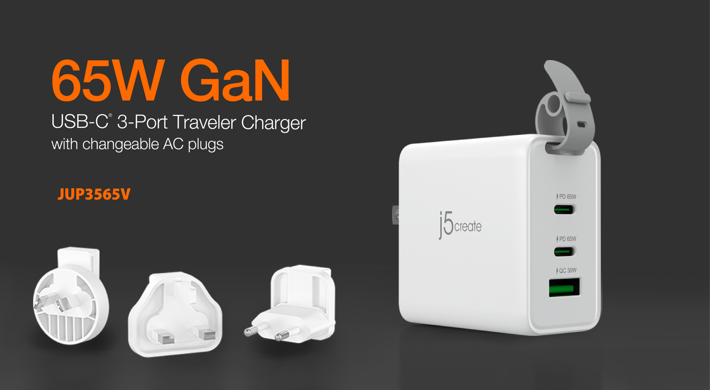 J5create 65W GaN USB-C® 3-Port Travel Charger with changeable AC plugs - JUP3565V