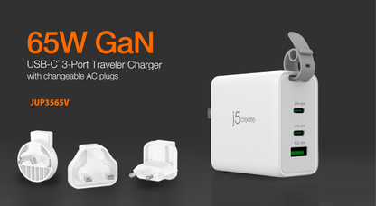 J5create 65W GaN USB-C® 3-Port Travel Charger with changeable AC plugs - JUP3565V