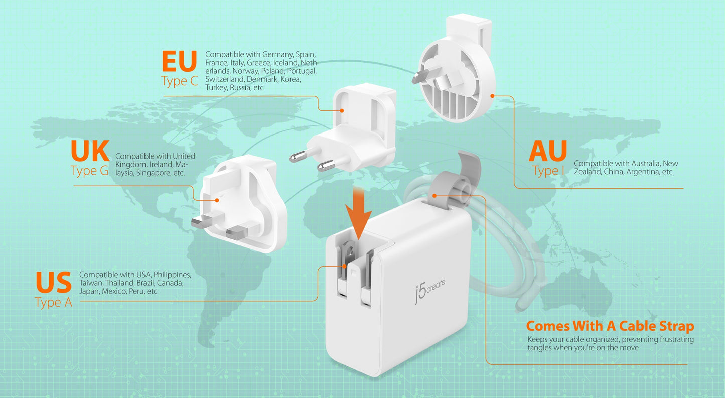 J5create 65W GaN USB-C® 3-Port Travel Charger with changeable AC plugs - JUP3565V