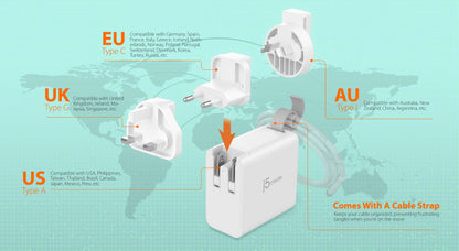 J5create 65W GaN USB-C® 3-Port Travel Charger with changeable AC plugs - JUP3565V