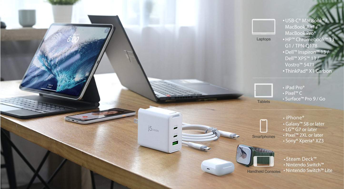 J5create 65W GaN USB-C® 3-Port Travel Charger with changeable AC plugs - JUP3565V