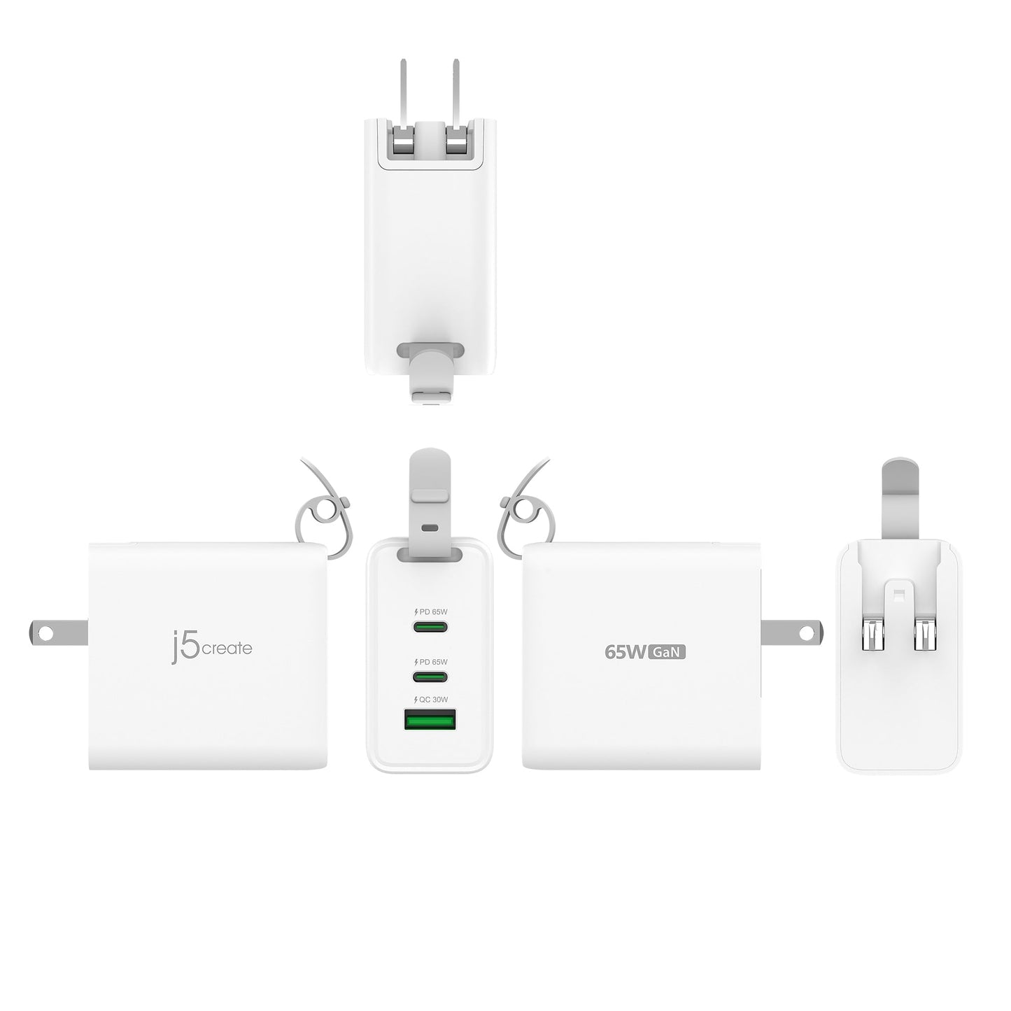 J5create 65W GaN USB-C® 3-Port Travel Charger with changeable AC plugs - JUP3565V