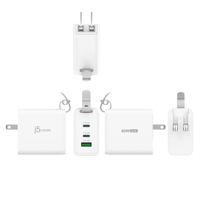 J5create 65W GaN USB-C® 3-Port Travel Charger with changeable AC plugs - JUP3565V