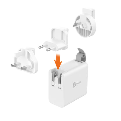 J5create 65W GaN USB-C® 3-Port Travel Charger with changeable AC plugs - JUP3565V
