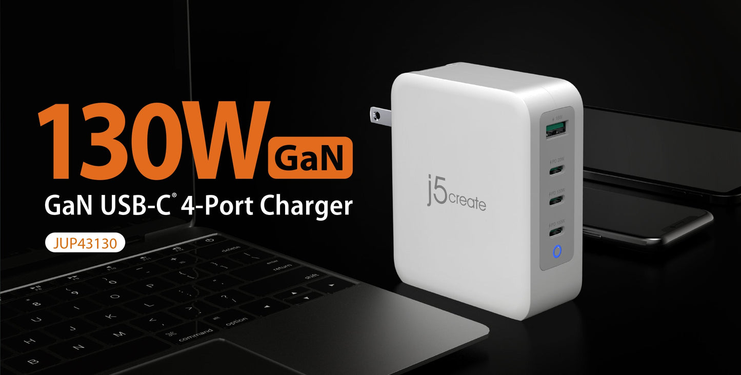 J5create 130W GaN USB-C 4-Port Charger - JUP43130