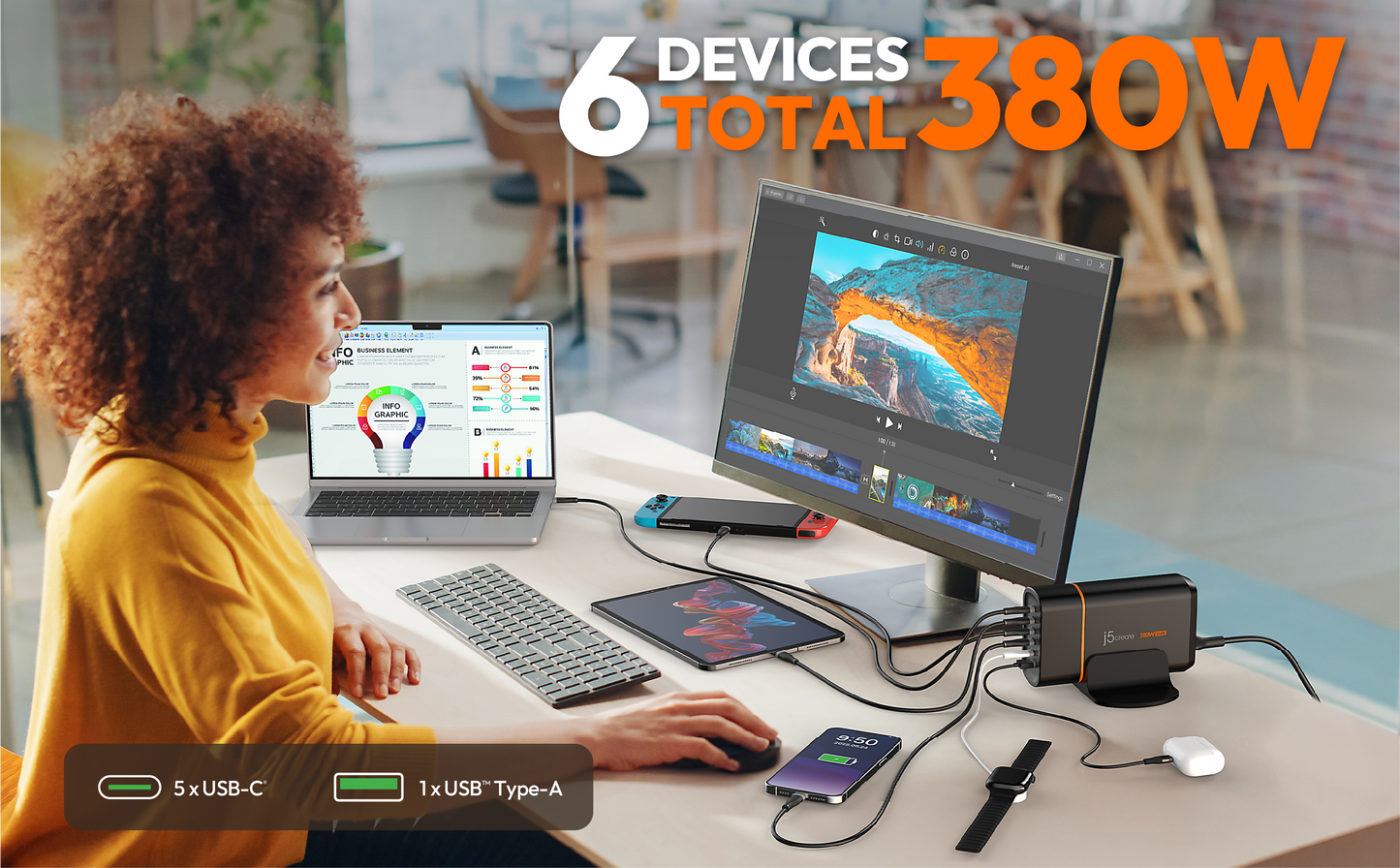 J5create 380W GaN USB-C 6-Port Charger - JUP67380