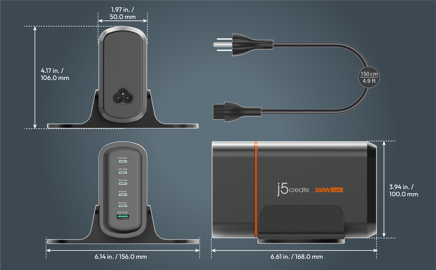 J5create 380W GaN USB-C 6-Port Charger - JUP67380
