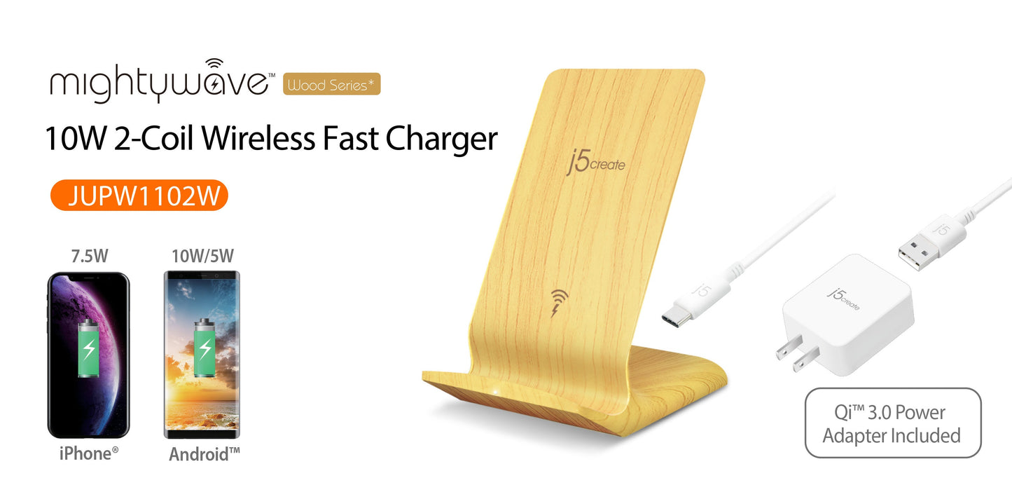 J5create Mightywave 10W 2-Coil Wireless Fast Charger - JUPW1102W