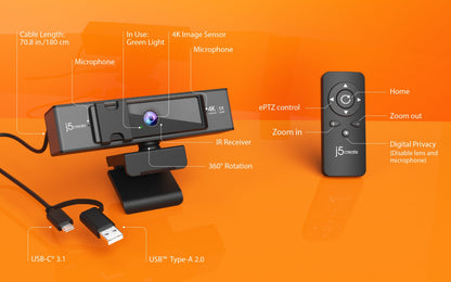J5create USB 4K ULTRA HD Webcam with 5x Digital Zoom Remote Control - JVCU435