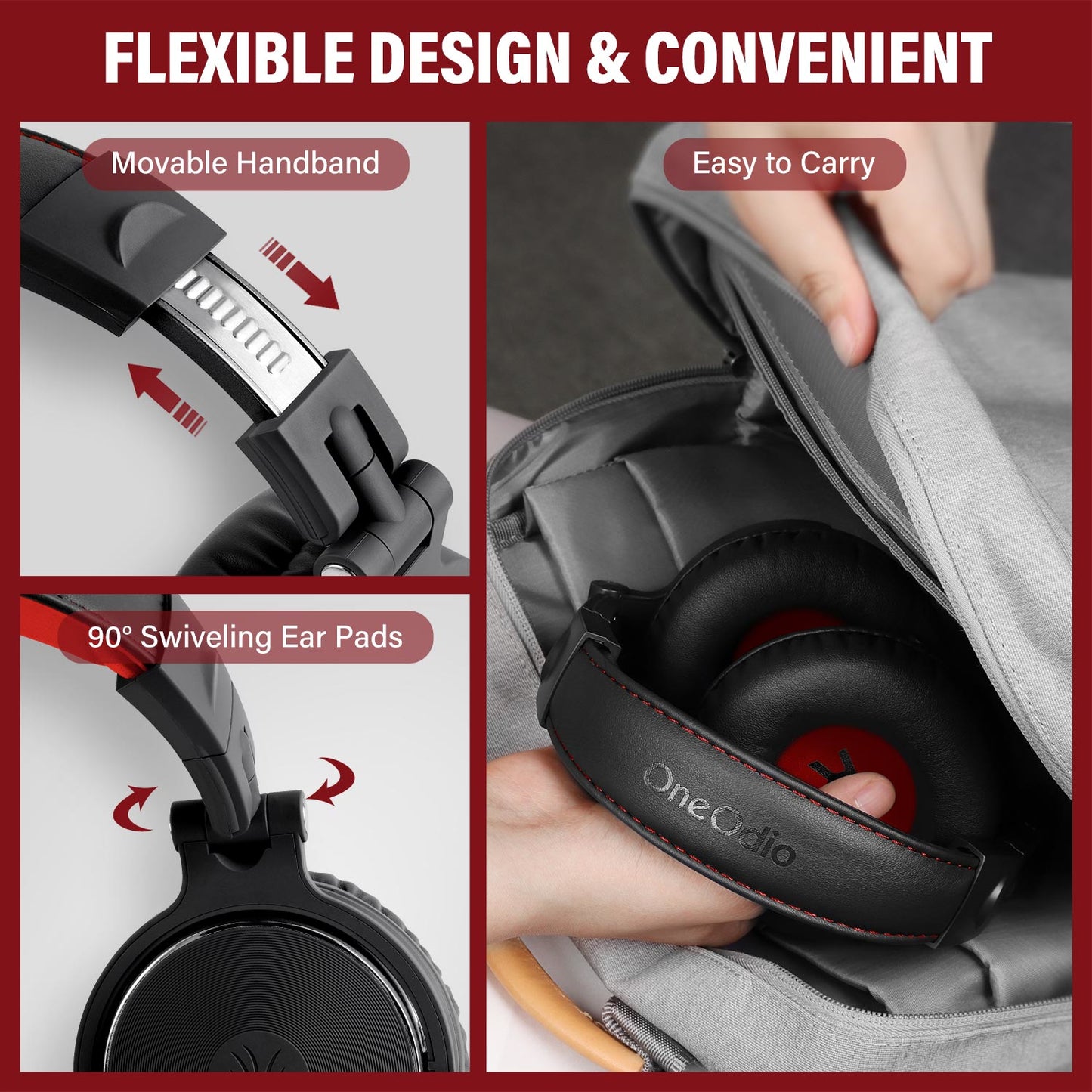 Oneodio Pro 10 Professional Wired Over Ear DJ and Studio Monitoring Headphones – Red/Black