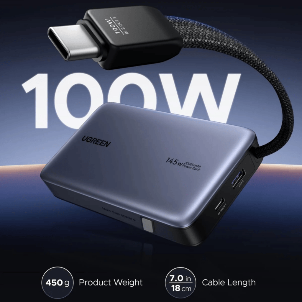 UGREEN Nexode 145W 20000mAh Power Bank with built-in USB Type-C Cable