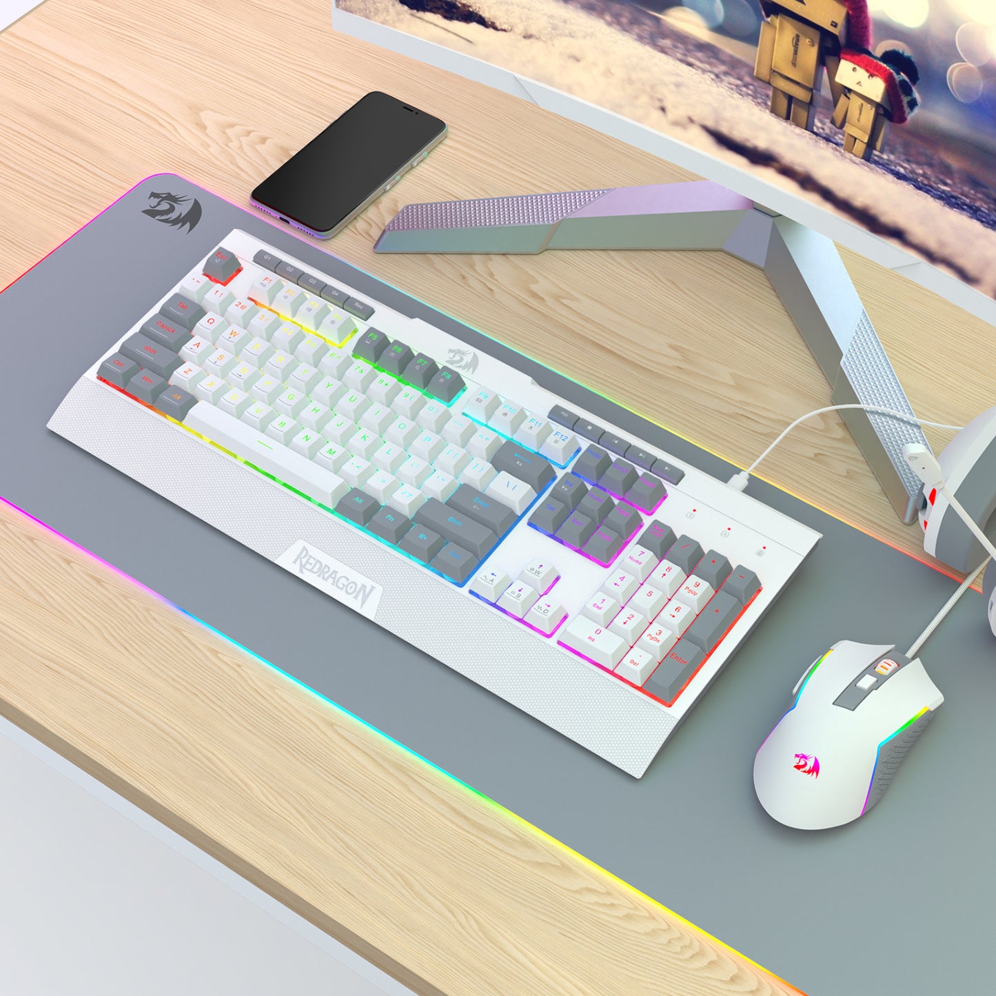 Redragon S151 Wired RGB Gaming Keyboard & Mouse Combo – White and Grey