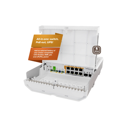 MikroTik netPower Lite 8P - 8 x Gigabit PoE Output, 2 x SFP+ Built- in UPS Outdoor Switch