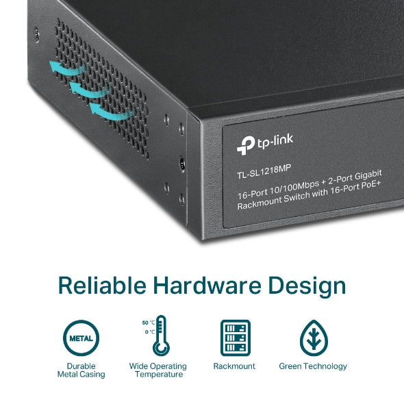 TP-Link 16-Port 10/100 Mbps + 2-Port Gigabit Rackmount Switch - TL-SL1218MP
