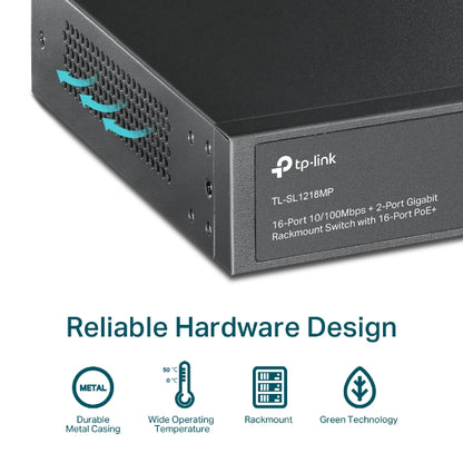 TP-Link 16-Port 10/100 Mbps + 2-Port Gigabit Rackmount Switch - TL-SL1218MP