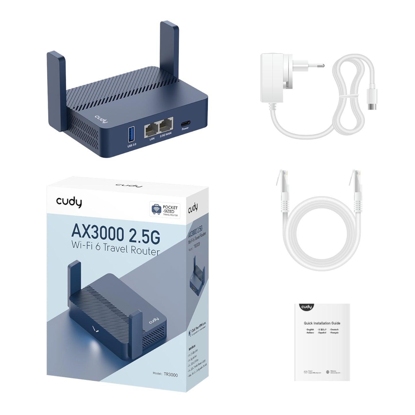 Cudy AX3000 2.5G Wi-Fi 6 Mini VPN Travel Router – Navy Blue
