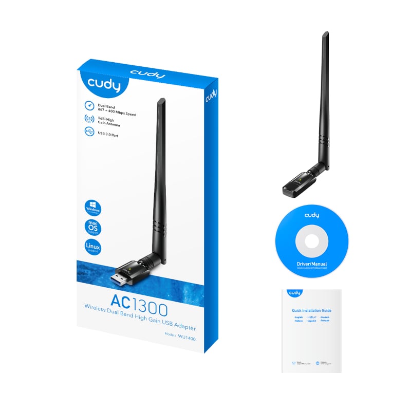 Cudy Dual Band WiFi 5 1300Mbps 5dBi USB 3.0 Adapter | WU1400